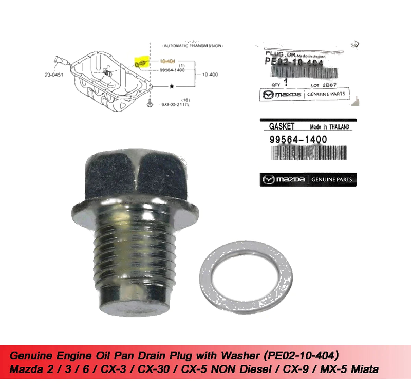 Mazda 3, 6, CX-3, CX-30, MX-5 Miata Oil Pan Drain Plug (2004-2023)
