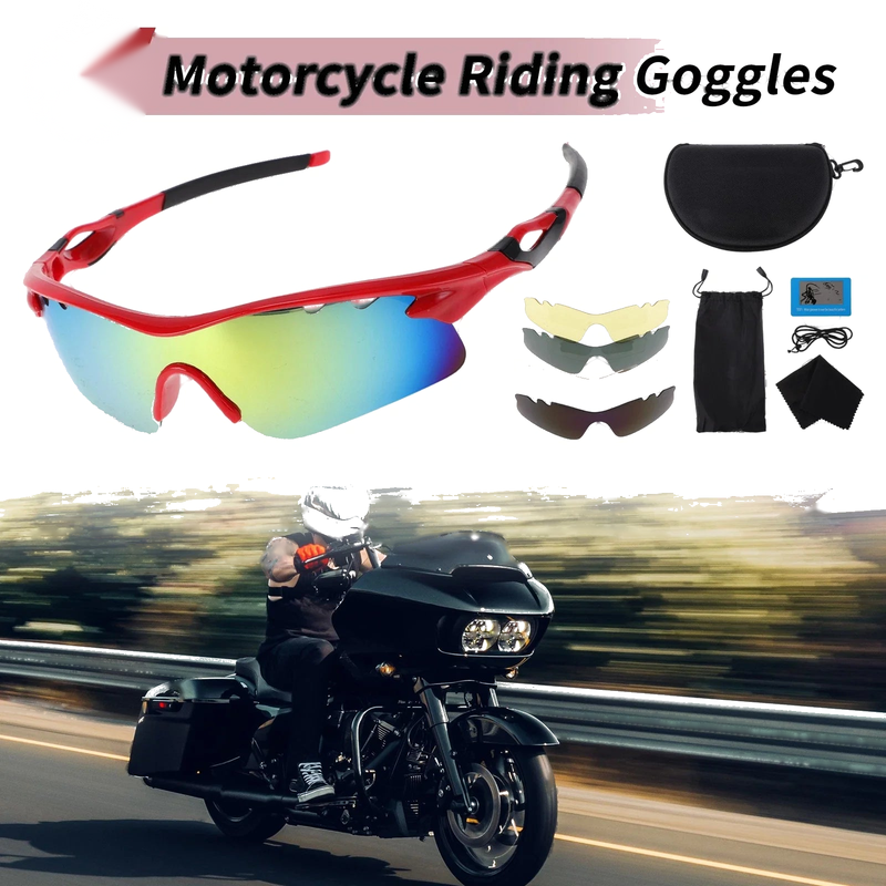 Set Motorcycle Riding Goggles Red Lens Red Frame PC Cycling Sunglasses