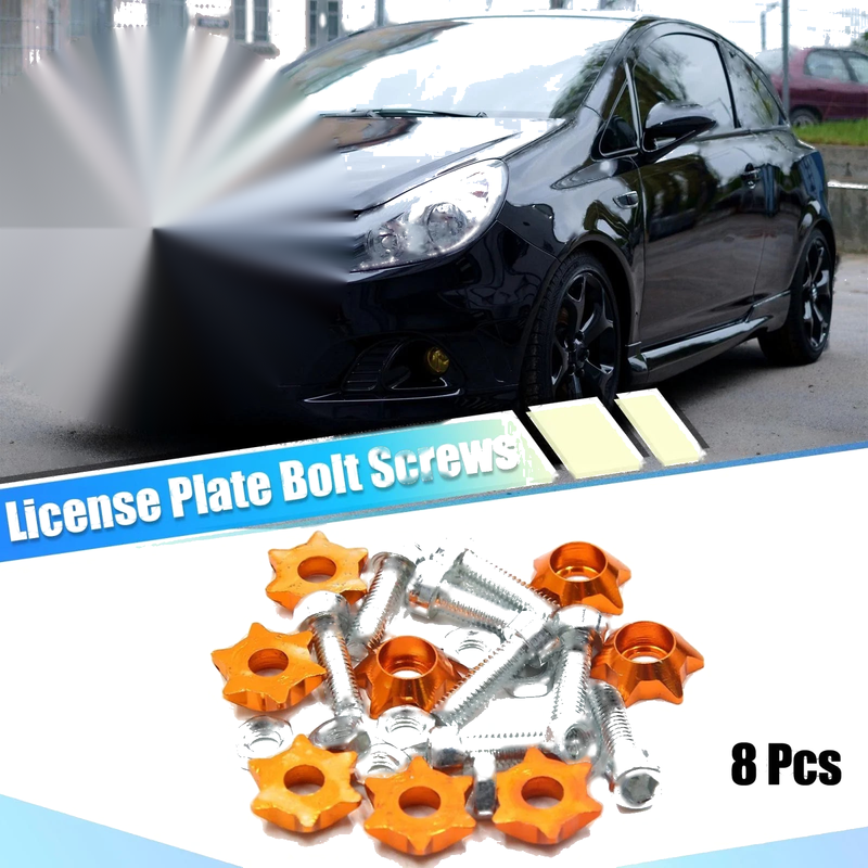 Car Motorcycle 8pcs Orange Star Shaped Decorative License Plate Bolt Screw