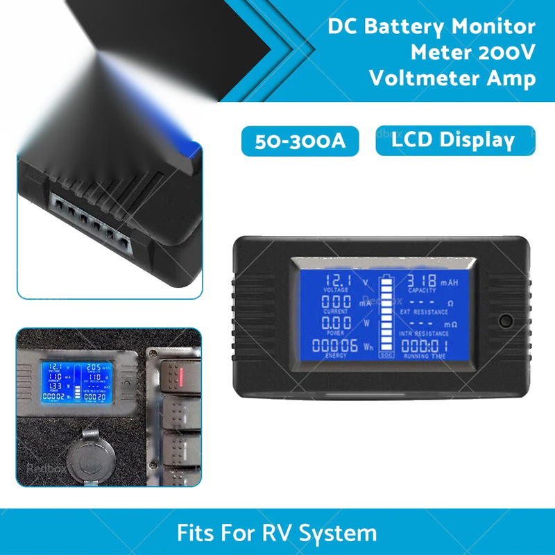 RV System 50-300A LCD Display 200V DC Battery Monitor Meter