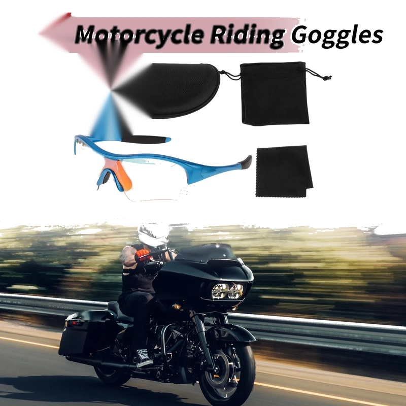 Motorcycle Riding Goggles Light Red Lens Blue Frame PC TPU Cycling Sunglasses