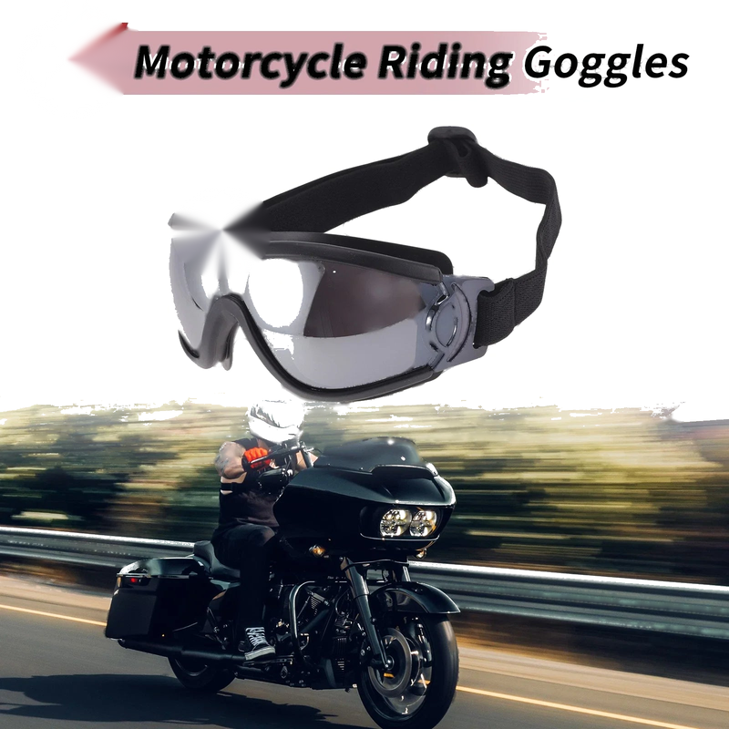 Motorcycle Riding Goggles Silver Tone Lens Black Frame PC PU Sunglasses