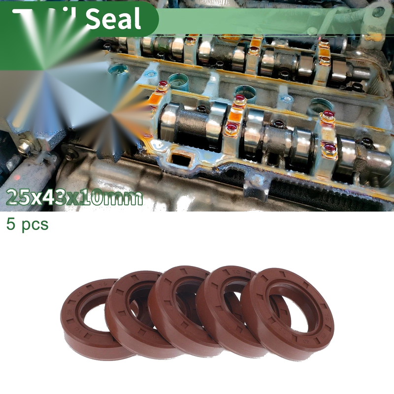 Oil Seal 5 Pcs 25x43x10mm Seal Ring Rotary Shaft FKM Rubber Brown