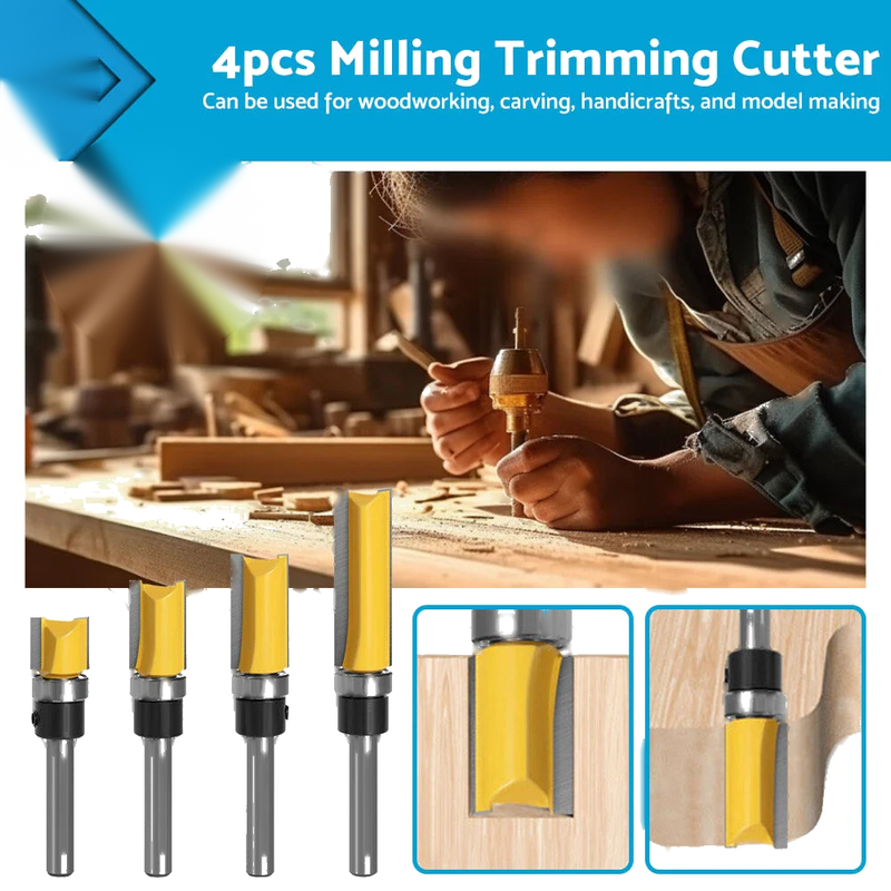 Woodworking 4pcs Milling Cutter Kit 1/4" Shank Flush Trim Router Bits