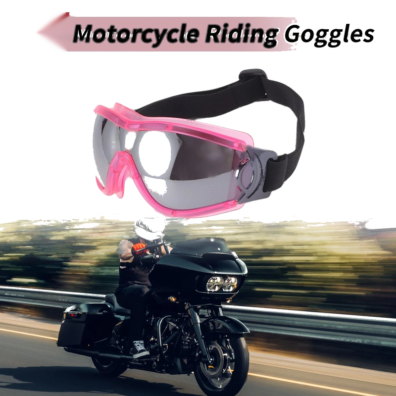 Motorcycle Riding Goggles Silver Tone Lens Pink Frame PC PU Cycling Sunglasses