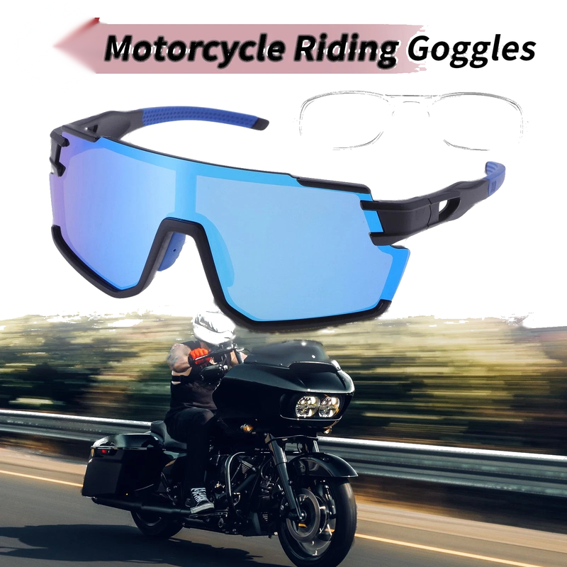 Blue Lens Motorcycle Riding Goggles Black Frame Outdoor Sports Sunglasses