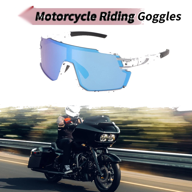 Pair Motorcycle Riding Goggles Blue Lenses White Black Frame Cycling Sunglasses