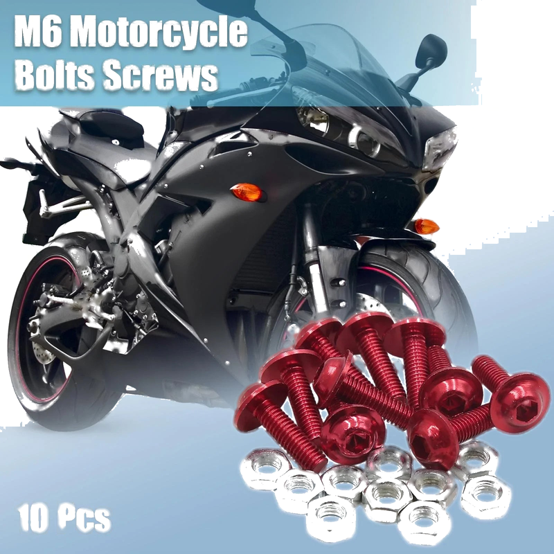 Motorcycle Fairing Screws Nuts 10pcs M6 Red Aluminum Hex Socket Head Bolts