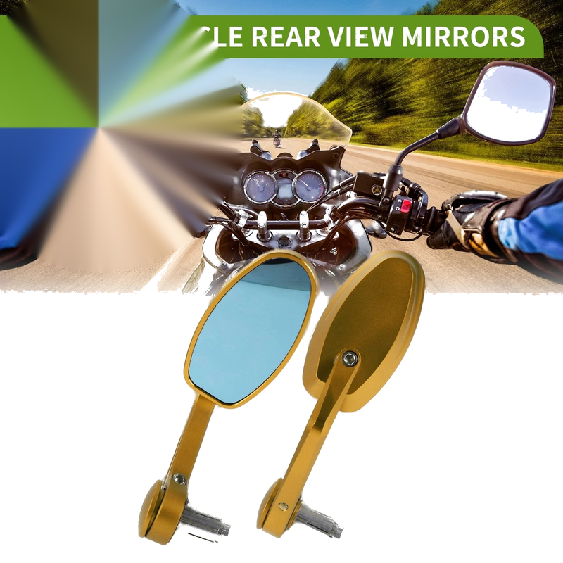 1 Set Motorcycle Rear View Mirrors Oval Shape Gold Tone Aluminum Alloy