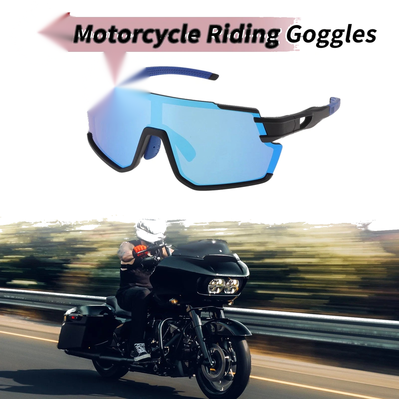 PC Motorcycle Riding Goggles Blue Lens Black Frame Cycling Sunglasses