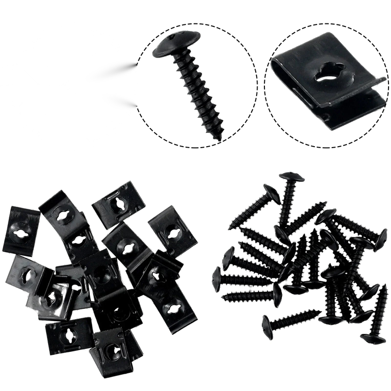 Car Bumper Fender Fasteners Black 20 Sets Metal U-type Clip with Screw