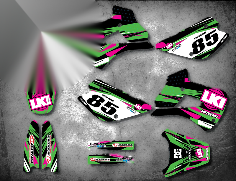 Kawasaki KX 100 DUKE STYLE Decals Stickers Custom Graphic Kit (1998-2013)