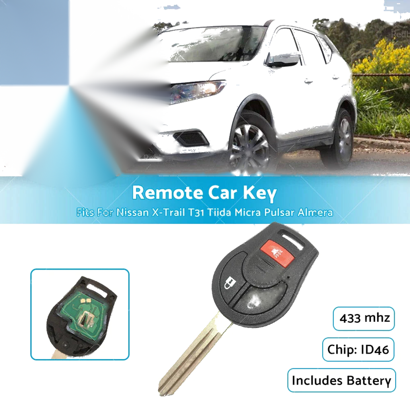 Nissan X-Trail T31, Tiida, Micra, Pulsar, Almera 433MHz Car Remote Key 3 Buttons