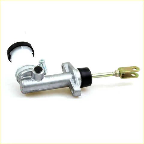 Silver metallic clutch master cylinder with black rubber seals and brass threaded rod end for nissan datsun