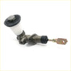 Metallic clutch master cylinder for toyota hilux ln series with white reservoir and black cap from front view