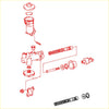 Red line drawing of clutch master cylinder with springs seals and bolts for toyota hilux revo 2015-2023 use