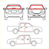 Red-outlined line drawings showing four vehicle views for complete weatherstrip 6 pcs toyota hilux 4d 1988-1997