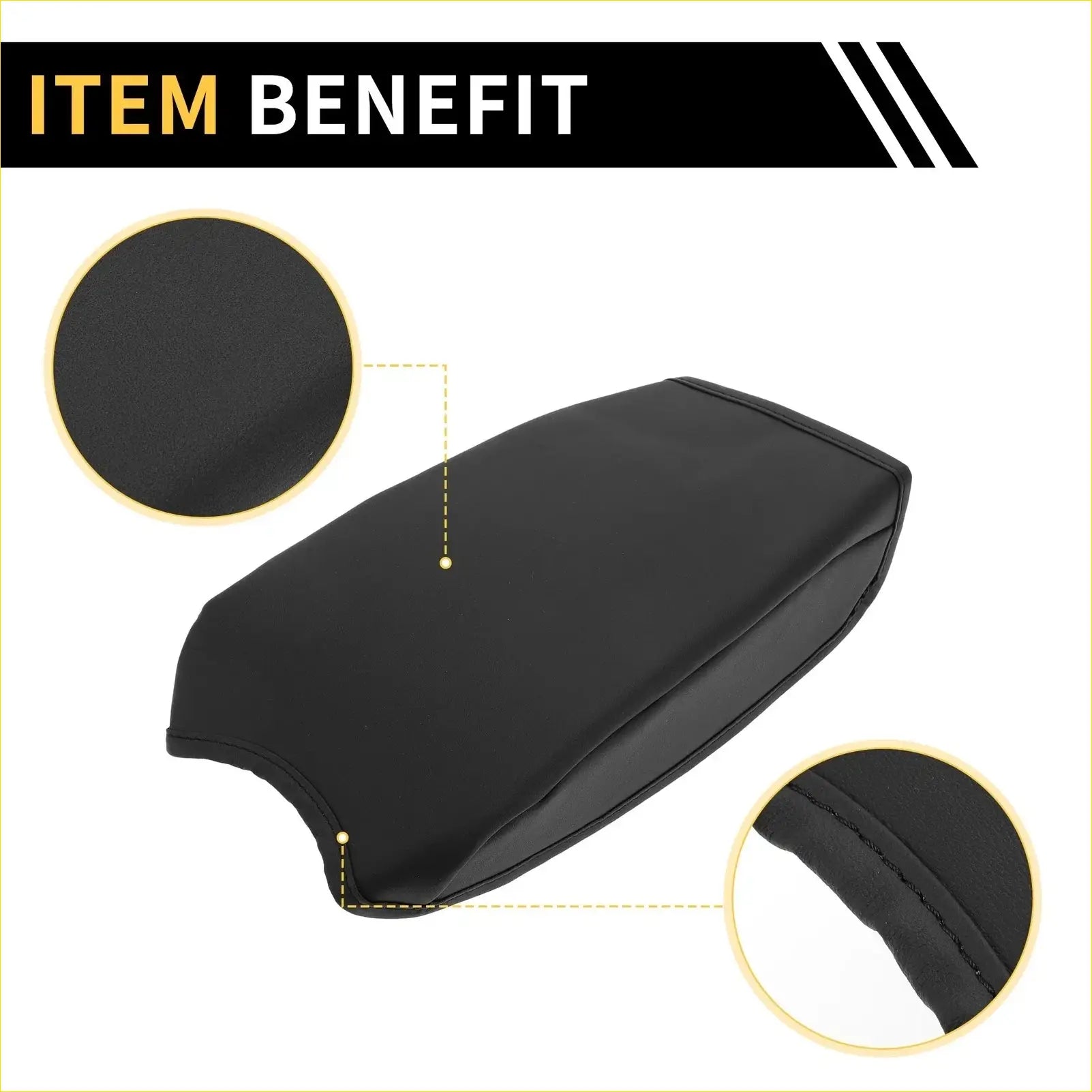 Black faux leather console lid armrest cover for toyota tacoma with stitched edges and beige microfiber leather details