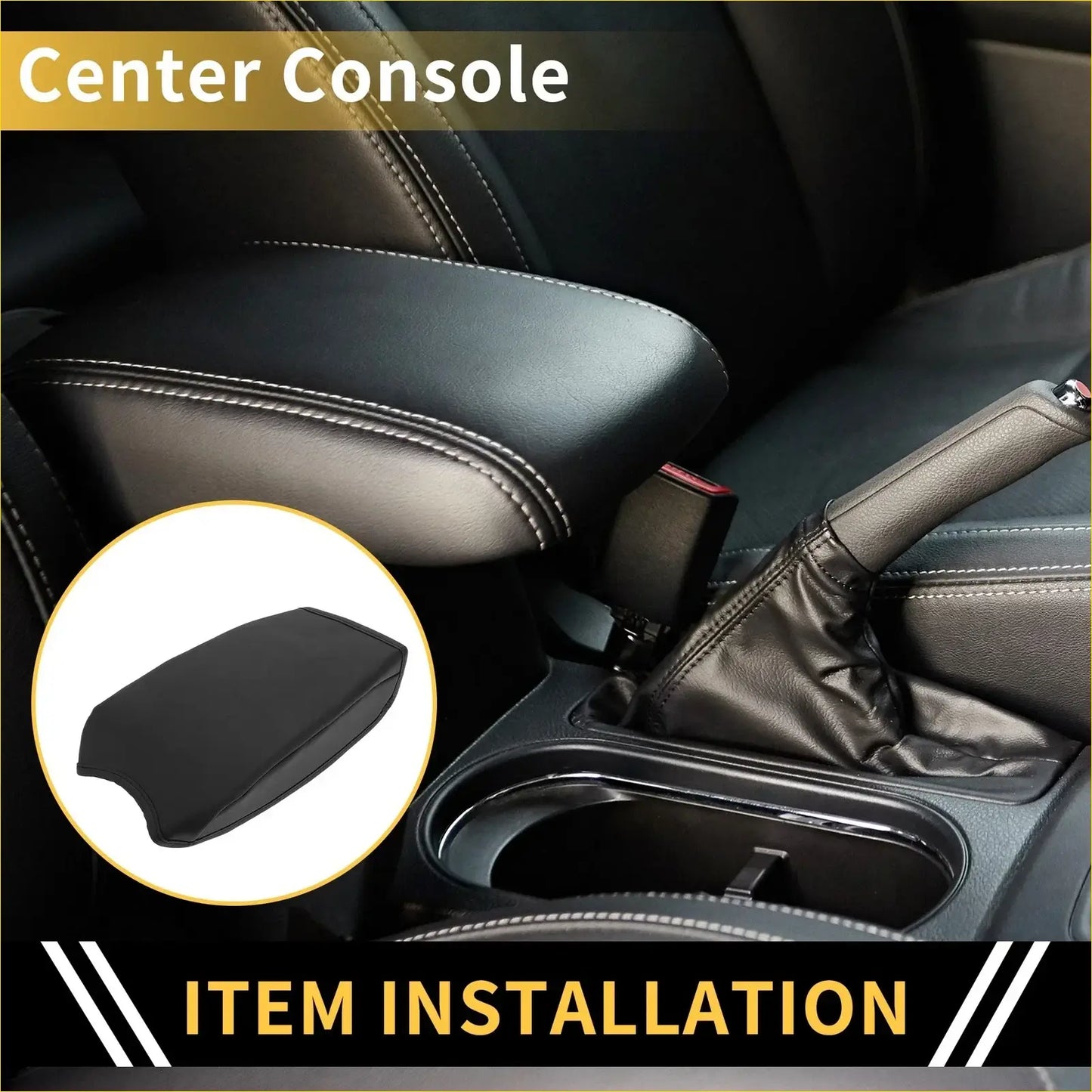 Black leather center console armrest cover with white stitching for toyota tacoma 2016-2023 beige microfiber leather