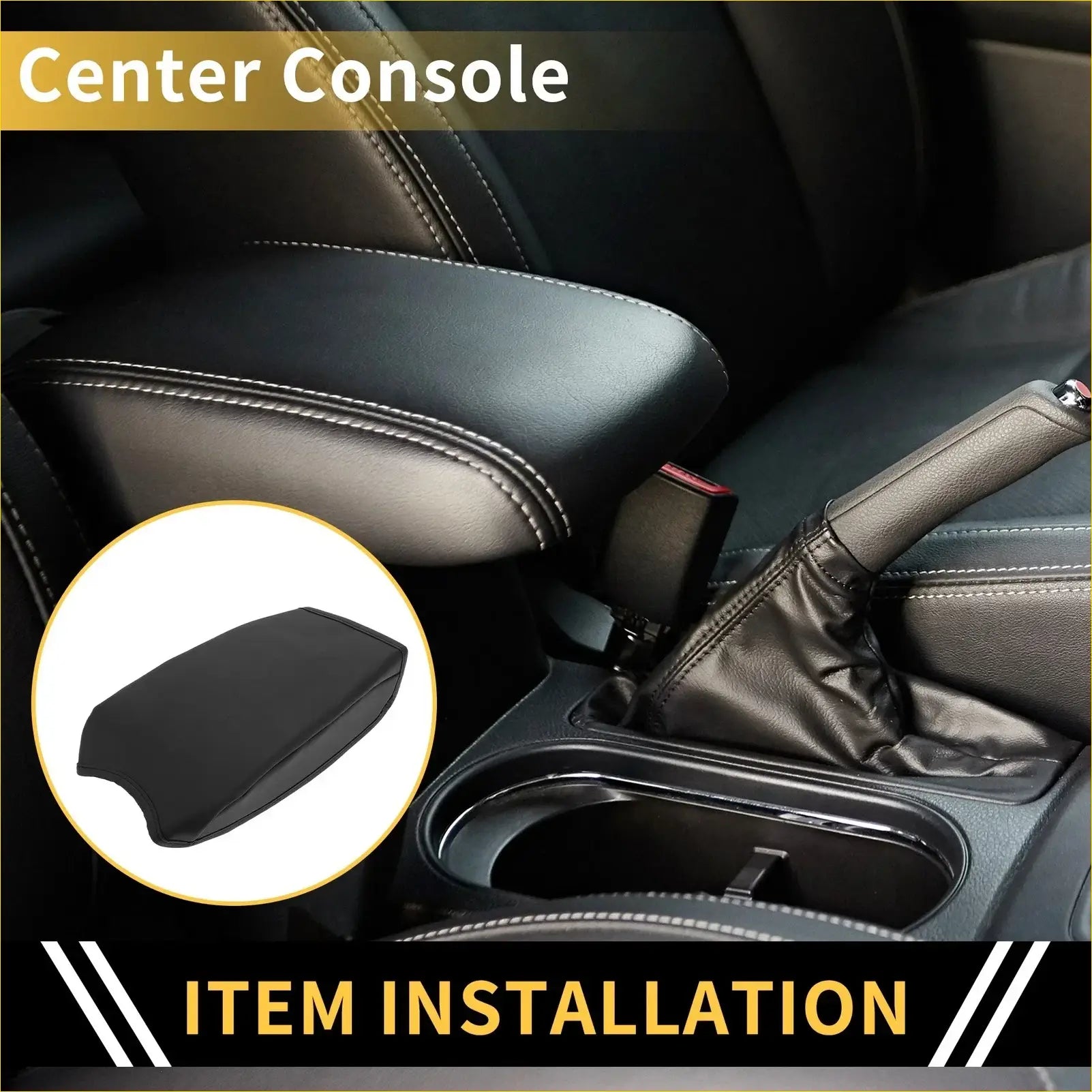 Black leather center console armrest cover with white stitching for toyota tacoma 2016-2023 beige microfiber leather