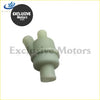 Light gray plastic fuel filter with three ports shown from the back for coolant thermostat in land rover discovery 1998+