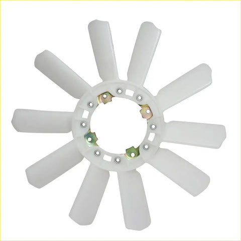 White plastic radiator fan blade with ten blades and metal mounting hardware for toyota hilux 3.0l cooling fan