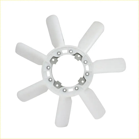 White plastic cooling fan blade with eight curved blades and metal bolts for toyota hilux 1988-1997