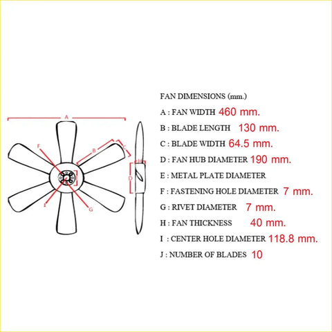 A technical diagram showing dimensions of a 10-blade cooling fan blade for toyota hilux 4runner ln200 ln205 2001-2004