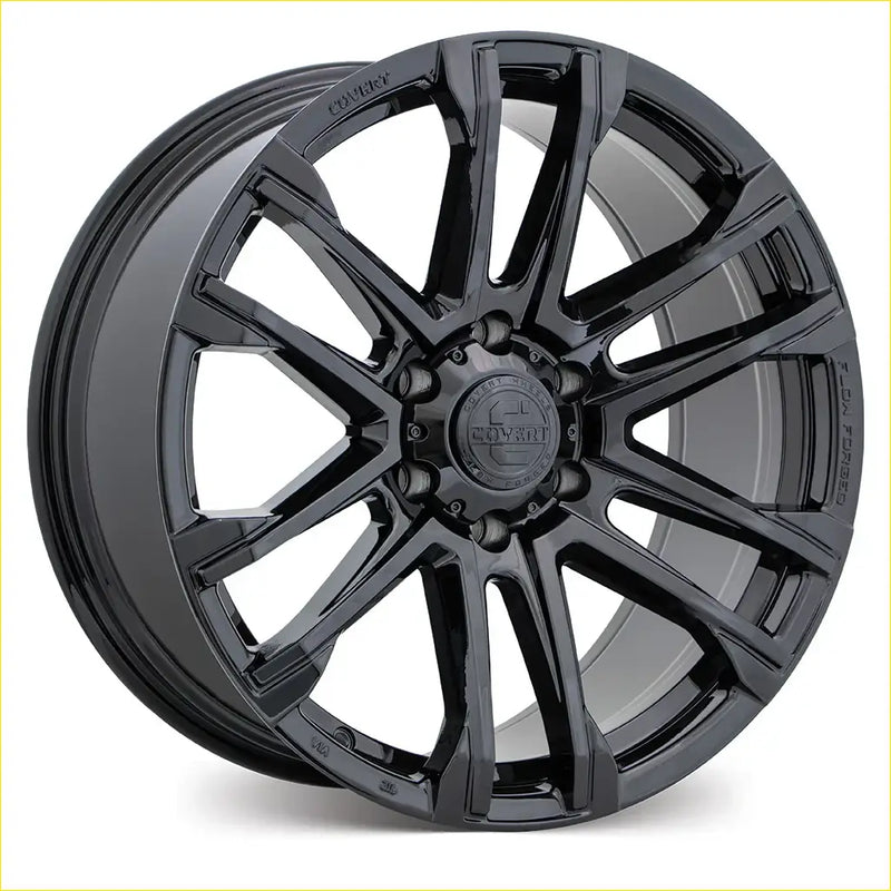 Black gloss finished covrt rv4 alloy wheel with multi spoke design and covr logo center cap in 20x9 size