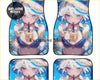 Custom anime waifu floor mat in blue and white with silver haired character holding bubble tea for car interior