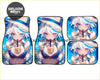 Custom anime waifu floor mats set with white hair girl in straw hat and bikini holding bubble tea in blue tones