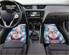 Custom anime waifu car floor mats in blue and white featuring a character holding bubble tea for stylish protection