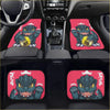 Red car floor mats featuring cartoon baby godzilla with yellow eyes and gold coin design for custom interiors
