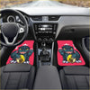Red car floor mats with a cartoon green baby godzilla holding gold coins and chinese characters design