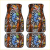 Set of four custom blue koi floor mats with vibrant koi fish skulls and floral designs on rust-colored background