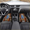 Vibrant orange custom blue koi floor mats with blue and black tattoo style skulls flowers and central chameleon design