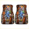 Pair of vibrant orange custom blue koi floor mats with detailed blue koi fish skulls and floral designs for cars