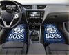 Blue suntory boss coffee navy car floor mats with white logo and text for custom vehicle interior protection