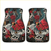 Custom devil floor mats red and black with detailed raijin illustration and gold drumstick accents for car interiors