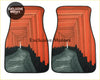 Pair of custom fushimi inari car floor mats with vibrant orange and black tunnel design and gray stone pathways