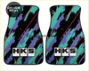 Pair of black teal and purple abstract patterned custom hks universal car floor mats with red stripes and white logo