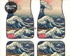 Set of four custom hoshakuji car floor mats with vibrant blue wave and pink blossoms design in durable material