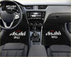 Custom japanese black asahi car floor mats with white lettering and japanese characters for stylish protection