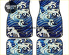 Set of four custom Japanese blue waves car floor mats with dynamic blue and white wave design for stylish protection