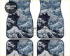 Set of four custom japanese waves car floor mats with detailed great wave off kanagawa print in navy blue and white