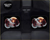 Black rectangular custom jdm japanese floor mats with vibrant red and orange floral wave design on dark background