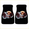 Black car floor mats with colorful great wave off kanagawa design and red orange floral accents for custom jdm style