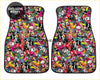 Custom JDM sticker bomb floor mats with vibrant multicolored cartoon and graffiti style designs for car interiors