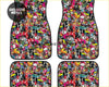 Vibrant multicolored custom JDM sticker bomb car floor mats with cartoon characters and graffiti-style graphics