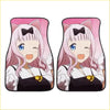 Custom kawaii pink anime car floor mats with cat ears featuring a smiling girl with blue eyes and gold bell necklace
